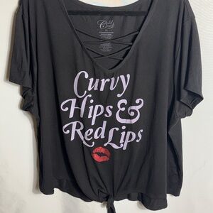Cold Crush 3X Black Graphic Tee Curvy Hips & Red Lips Crisscross Front Tie Hem